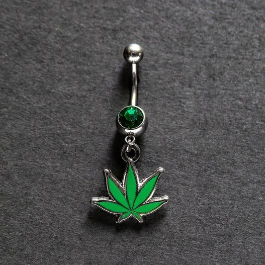 Pot Leaf Belly Button Piercing with Green Gem